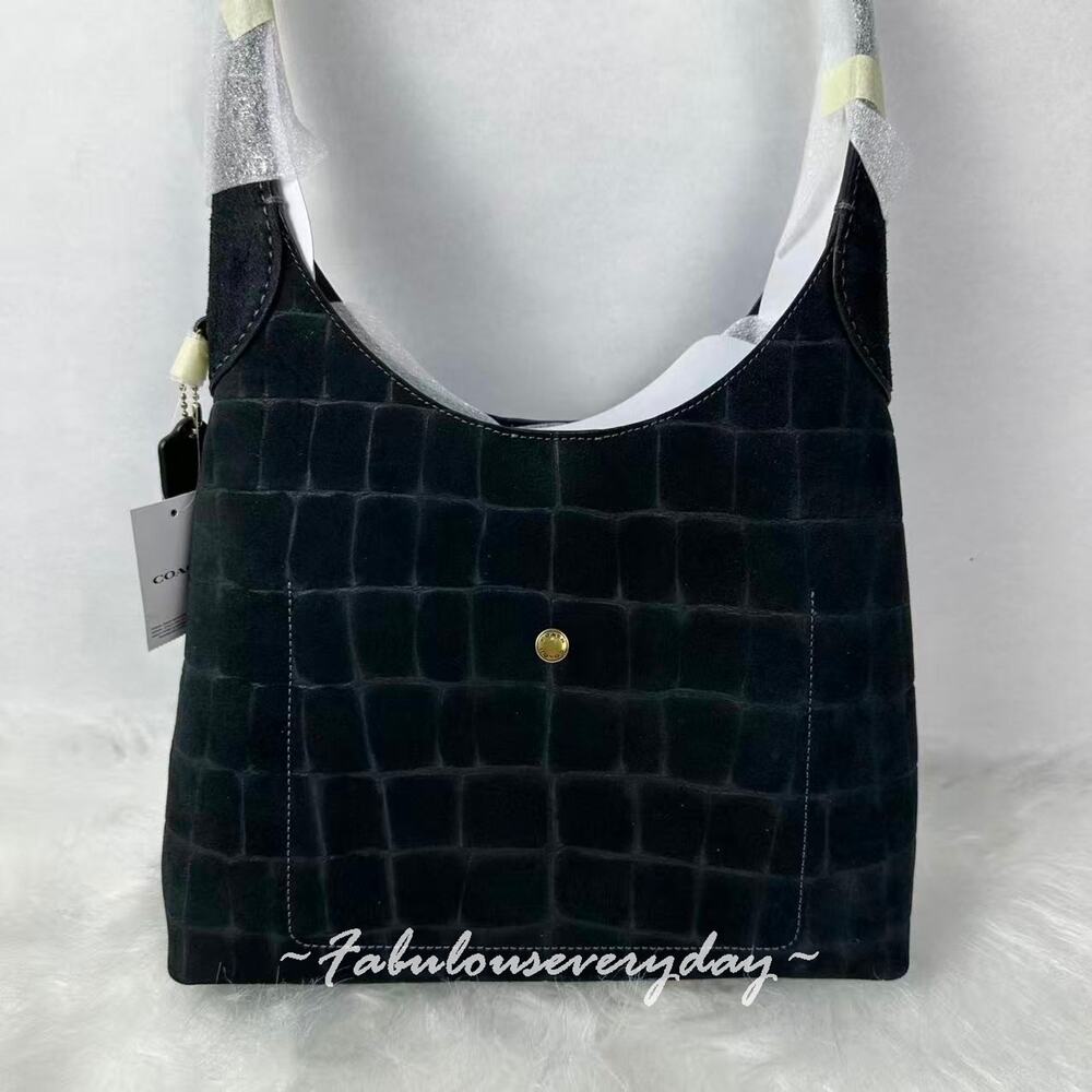 Coach Brooklyn shoulder bag 28 Crocodile-embossed Suede/Brass/black CCJ00 NWT - Picture 5 of 10